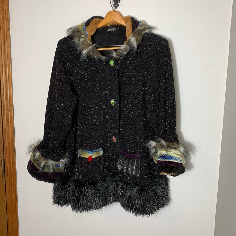 Womens Lee Andersen Art Sweater Tunic Black Faux Fur Trim Size 2/M-L EUC!